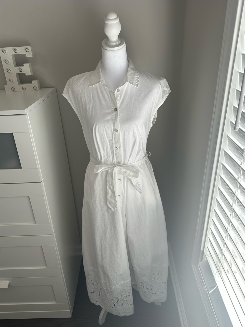 Ellen Tracy White Button-Front Midi Dress with Waist Tie